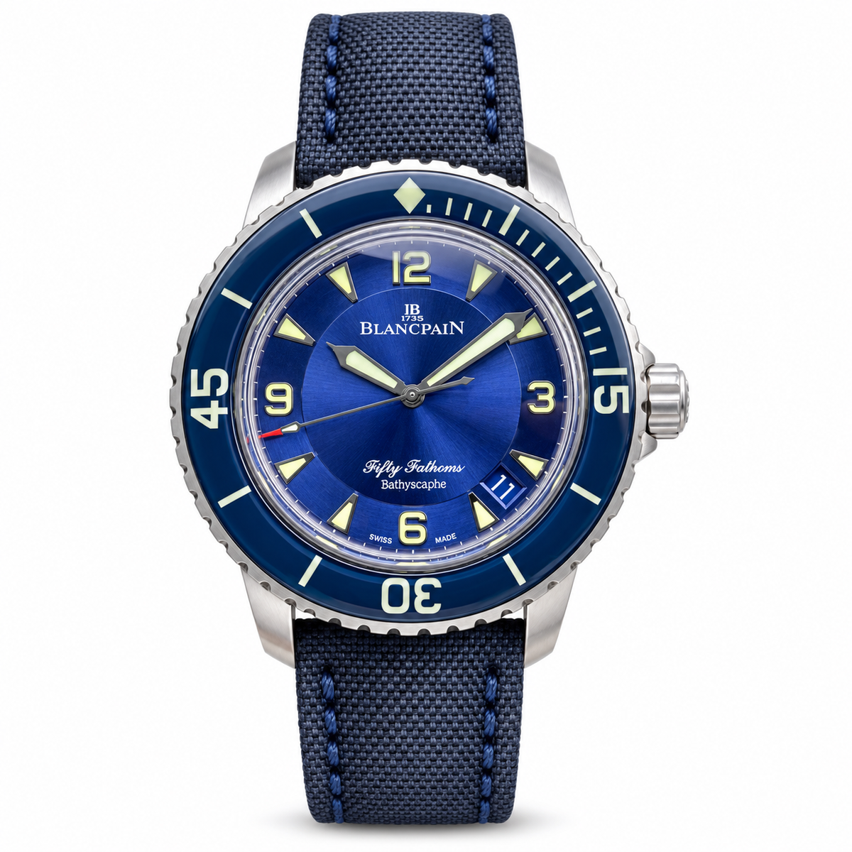 Blancpain Fifty Fathoms Bathyscaphe blue dial Arabic numerals blue ceramic bezel canvas strap