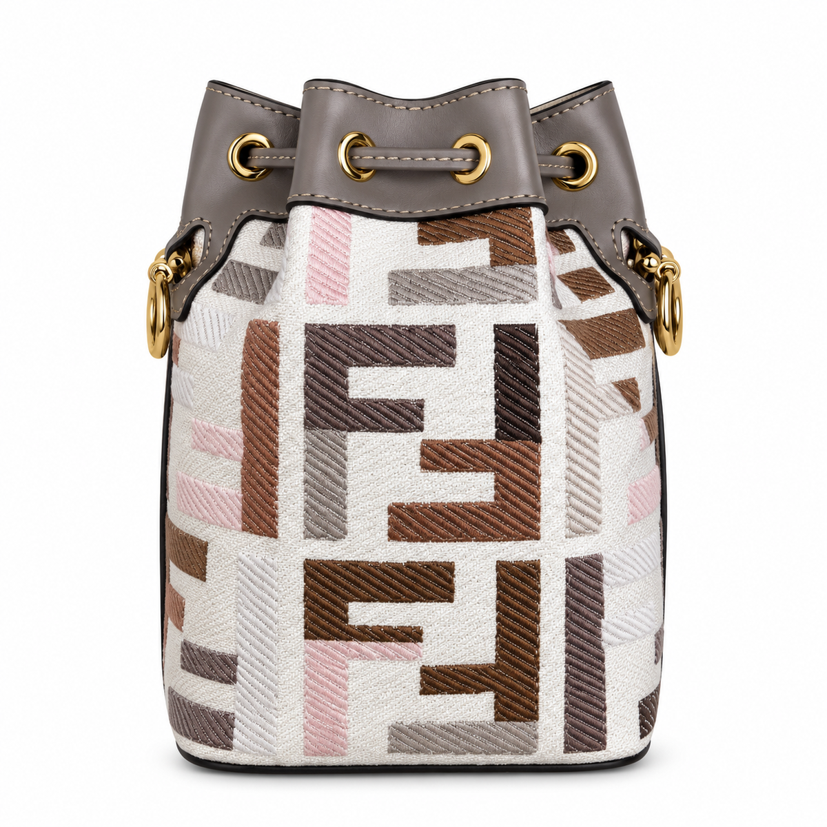 Fendi FF Mini Top Handle Bag – Jacquard Canvas & Leather Trim, Flap Closure, 12cm