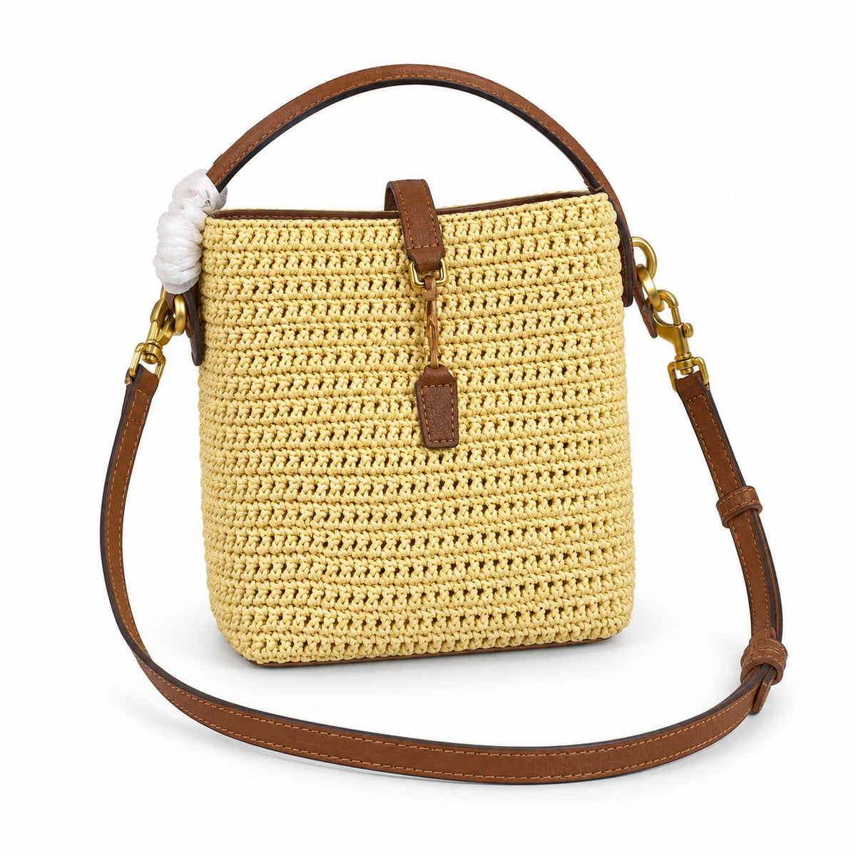 YSL Saint Laurent Suzanne Bucket Bag Natural Raffia Tan Leather Gold Hardware Adjustable Crossbody Strap