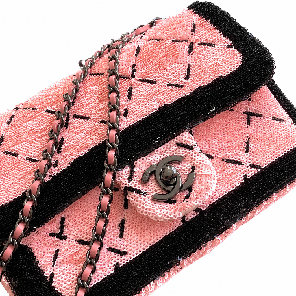 Chanel Quilted Pink and Black Sequin Classic Flap Bag with Gunmetal Chain
