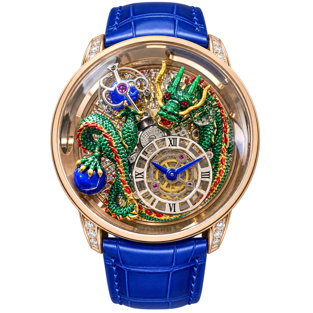 Jacob & Co. Astronomia Dragon 18K Rose Gold Triple-Axis Tourbillon 3D Enamel Dragon Diamond Watch Blue Leather
