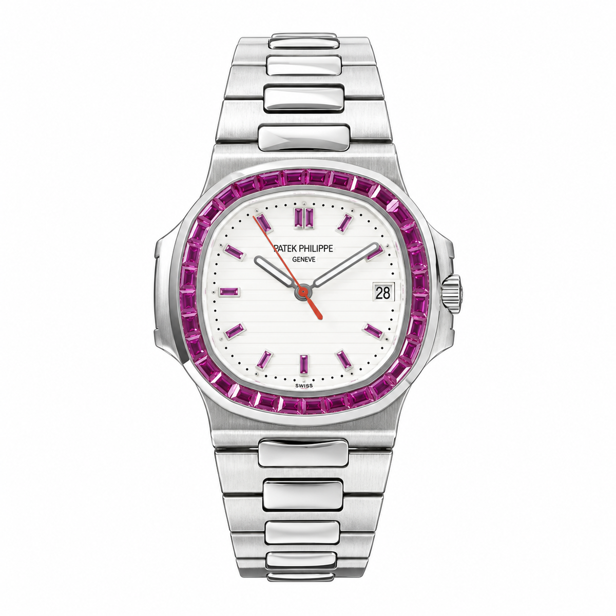 Patek Philippe Nautilus Pink Sapphire Baguette Steel White Dial