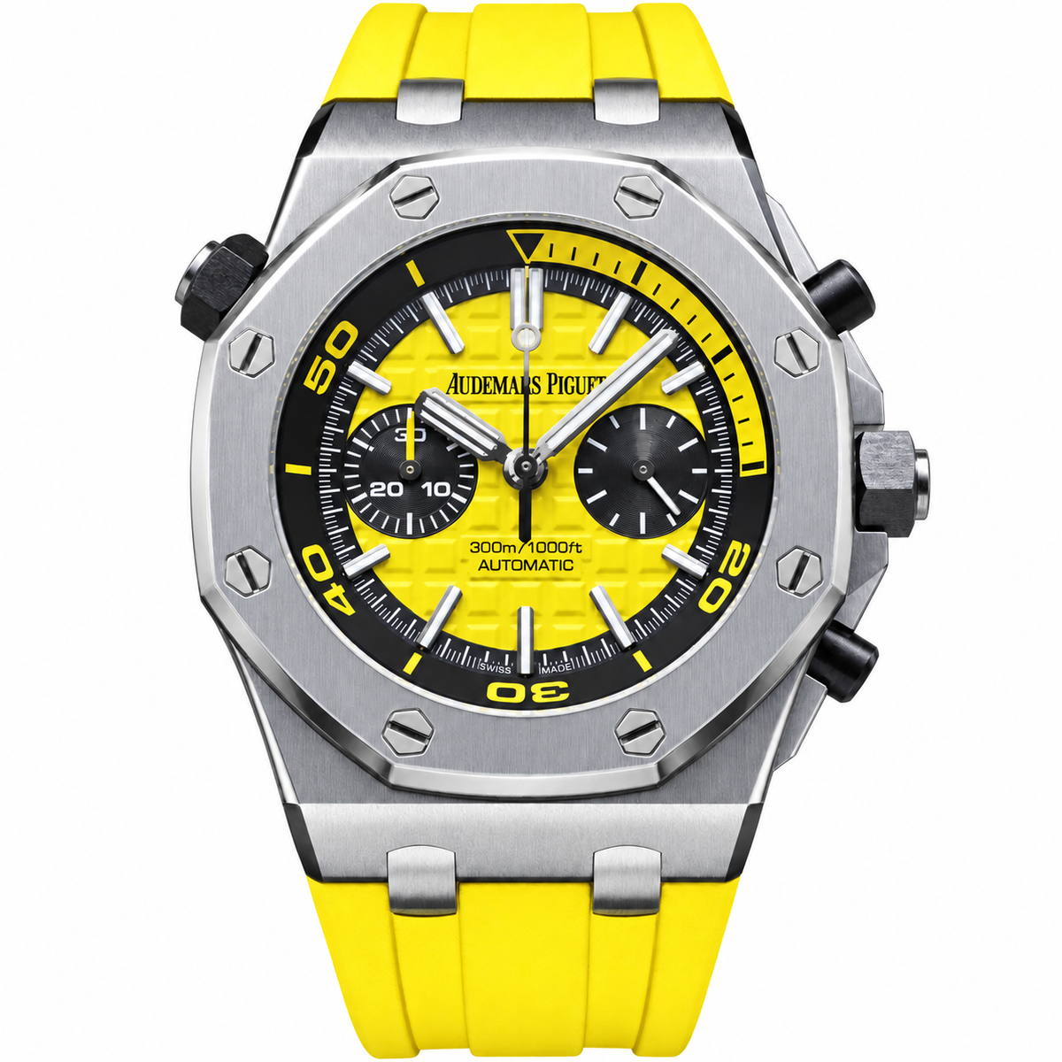 Audemars Piguet Royal Oak Offshore Diver Chronograph 42mm Stainless Steel Unidirectional Rotating Black Bezel Yellow Mega Tapisserie Dial Arabic Numerals Two Sub-Dials 300m Yellow Rubber Strap
