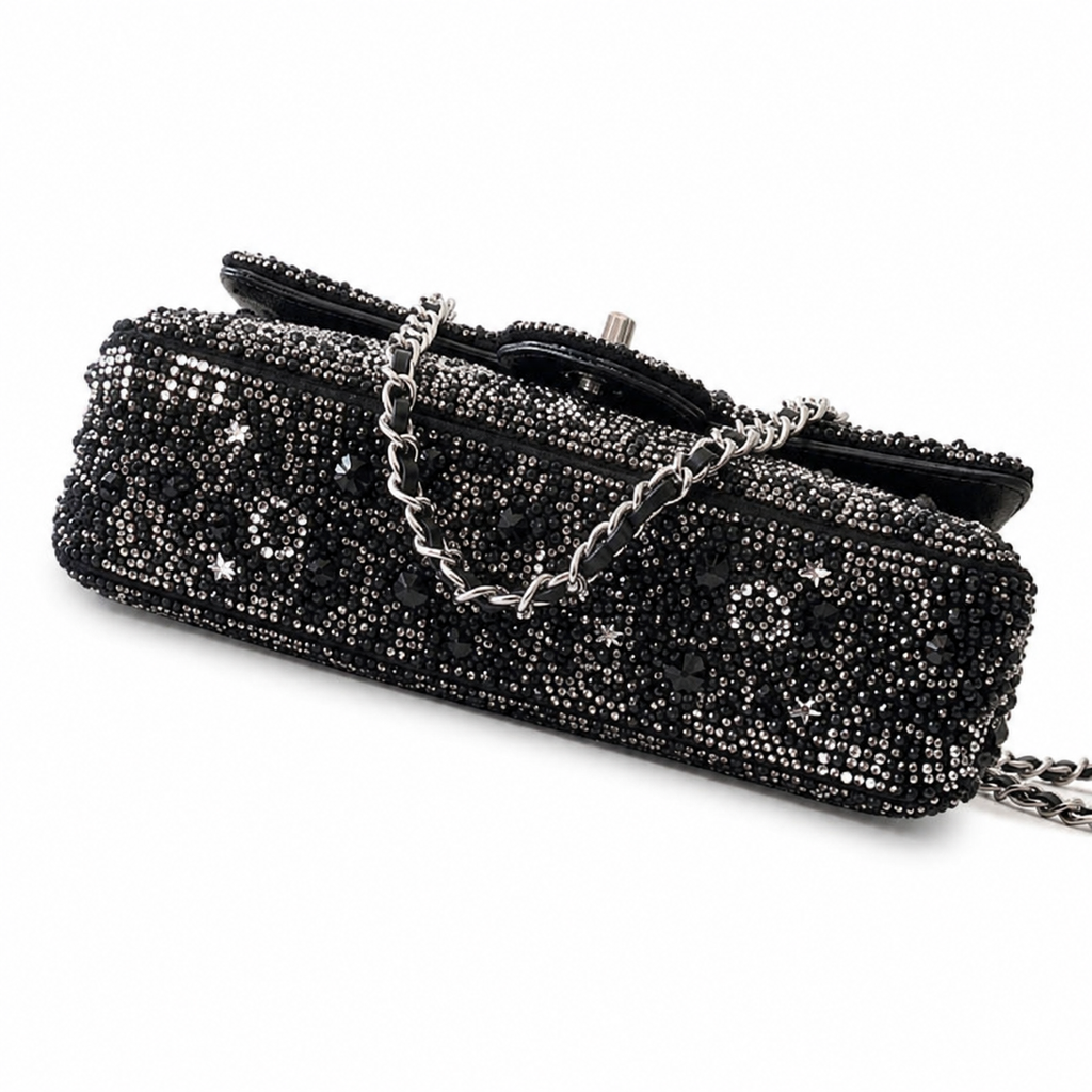 Chanel Classic Flap Bag in Black Crystal Embellishment with Silver CC Lock