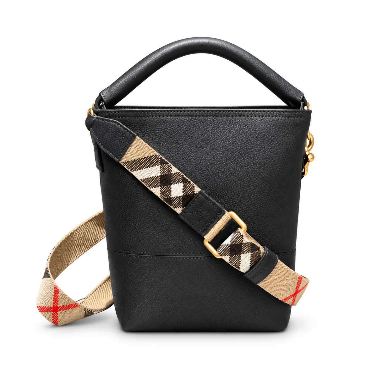 Burberry Black Leather Bucket Bag with Check Strap