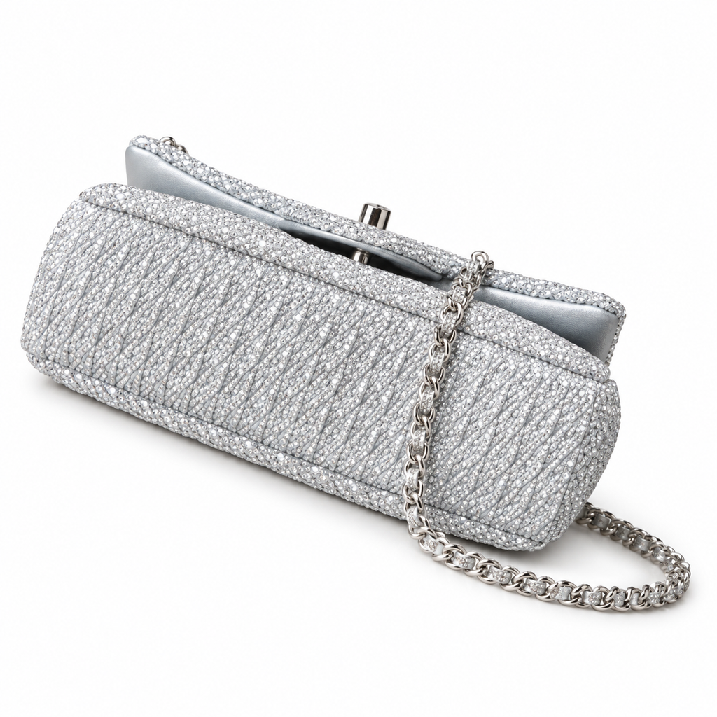 Chanel Silver Crystal Evening Clutch with Chain