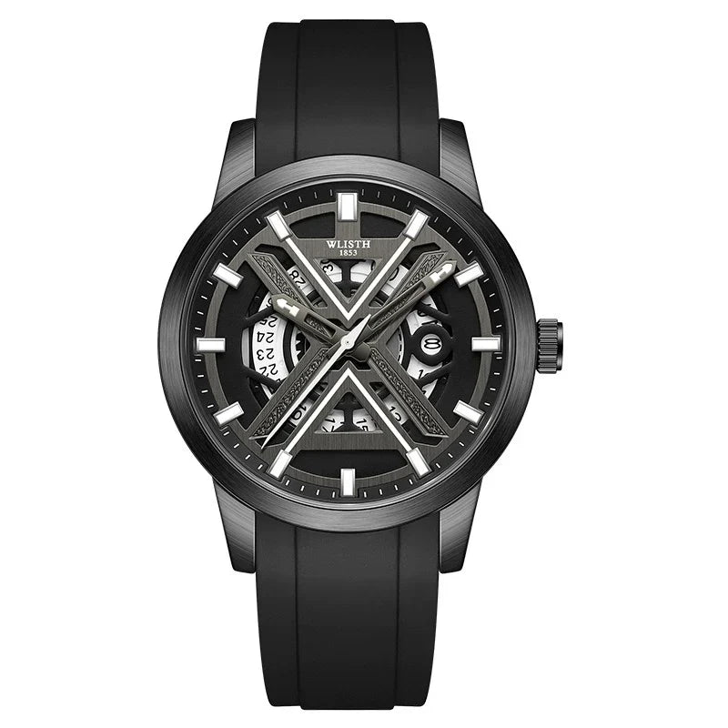WLISTH 1853 Automatic — Black PVD Steel, X-Bridge Skeleton Dial, Date & Black Rubber Strap, Men