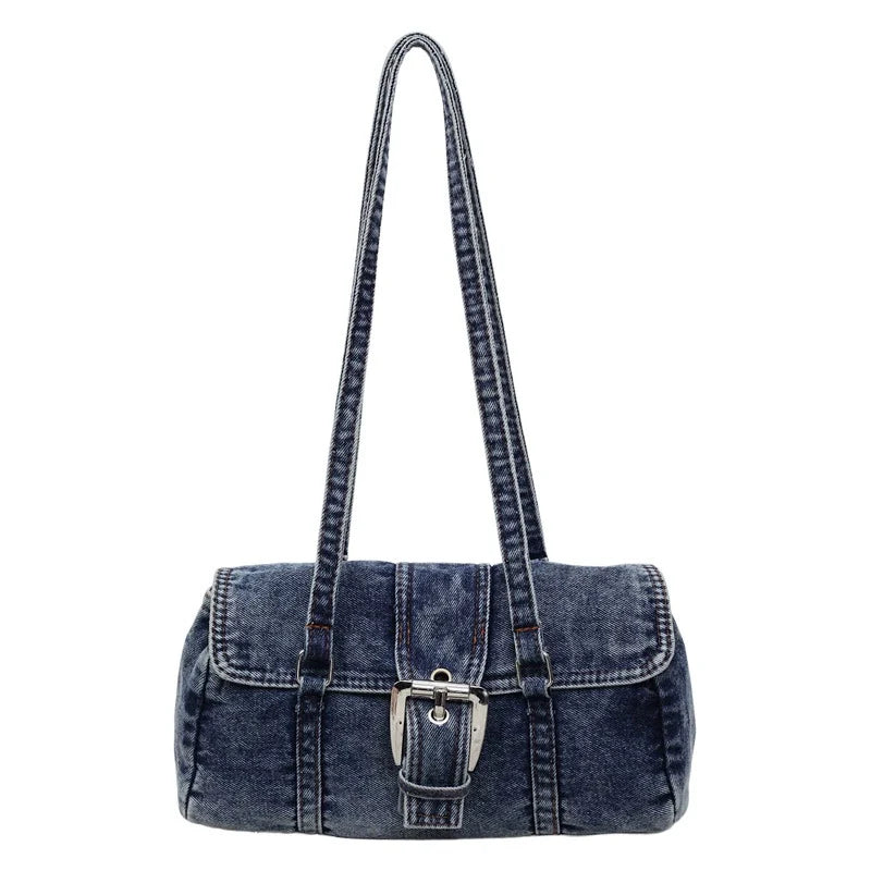 Washed Denim Buckle Flap Bag